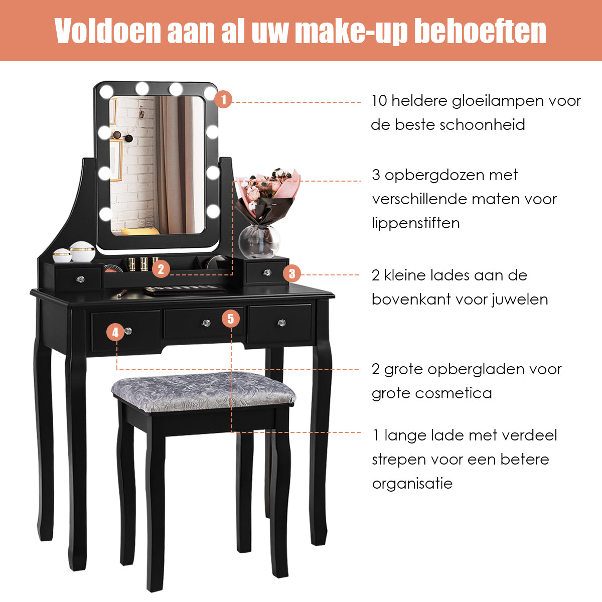 LIVSK Kaptafel met 360° Draaibare Spiegel - 10 LED-lampen - 5 Lades - MDF & Grenenhout - Zwart