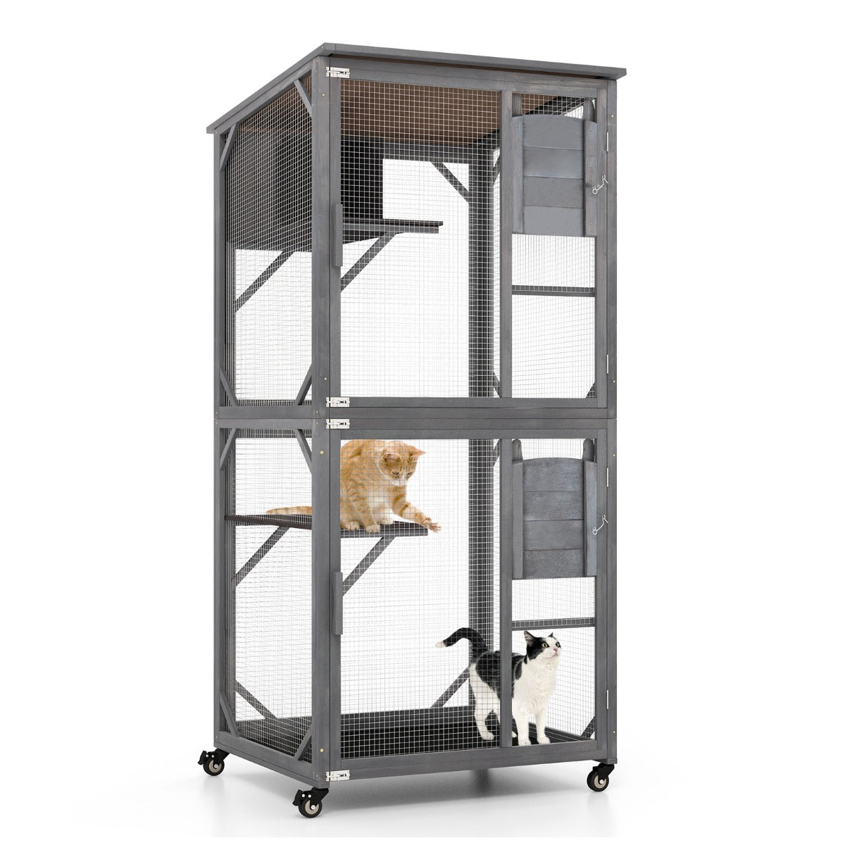 LIVSK Kattenhuis Buitenkooi - Luxe Activiteitencentrum - Weerbestendig Vurenhout - 2 Platformen - Wielen - 80 x 70 x 182 cm -