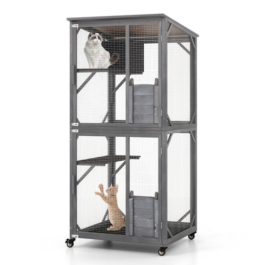 LIVSK Kattenhuis Buitenkooi - Luxe Activiteitencentrum - Weerbestendig Vurenhout - 2 Platformen - Wielen - 80 x 70 x 182 cm -