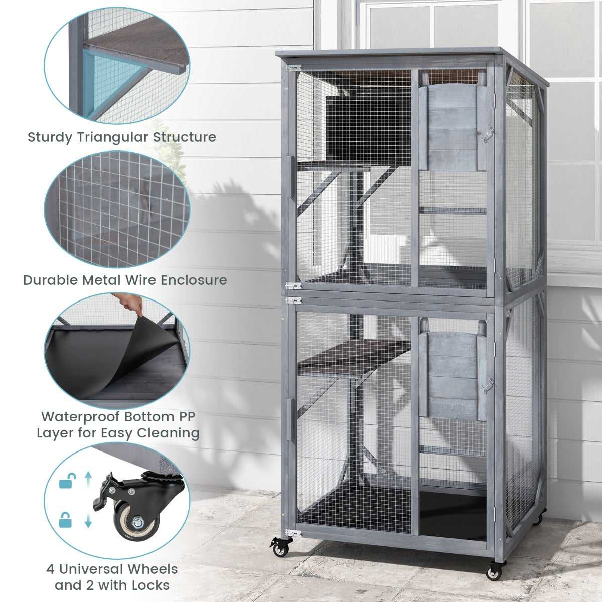 LIVSK Kattenhuis Buitenkooi - Luxe Activiteitencentrum - Weerbestendig Vurenhout - 2 Platformen - Wielen - 80 x 70 x 182 cm -