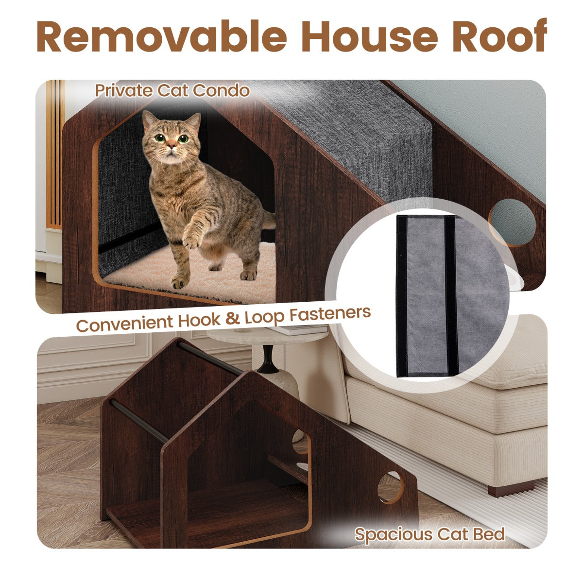 Livsk costway houten kattenhuis voor binnen multifunctioneel kattenhuismeubilair 2