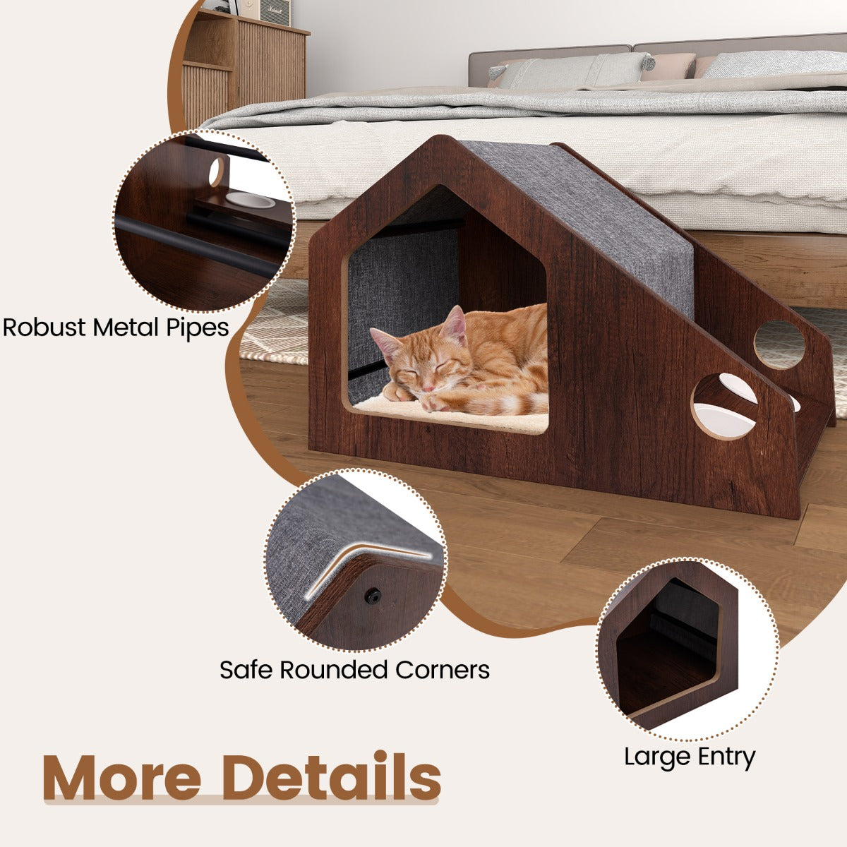 Livsk costway houten kattenhuis voor binnen multifunctioneel kattenhuismeubilair 4