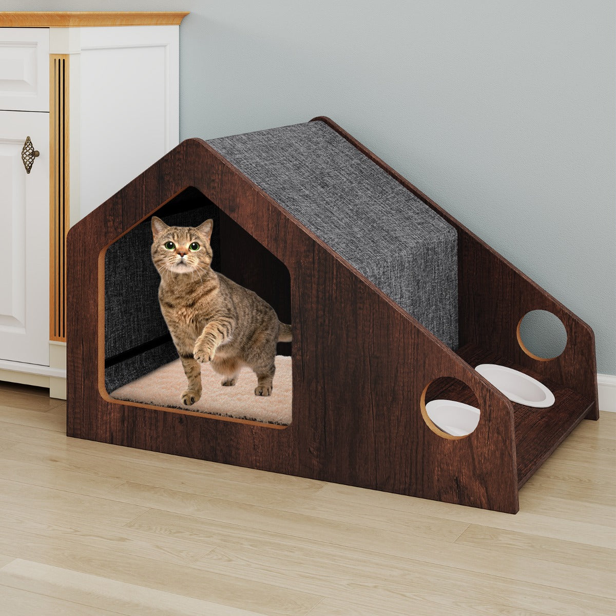 Livsk costway houten kattenhuis voor binnen multifunctioneel kattenhuismeubilair 6