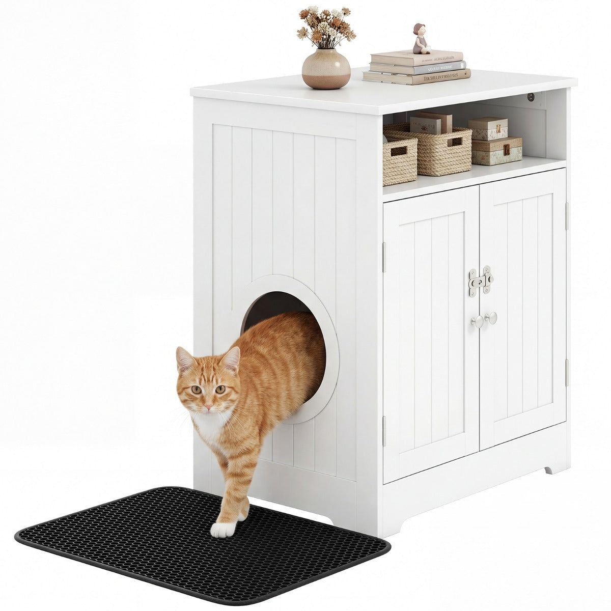 Livsk costway houten kattenkast verborgen kattenbak met gemakkelijk te reinigen strooimat opbergvak afsluitbare deur kattenhuis kattenbak kast voor woonkamer gang wit
