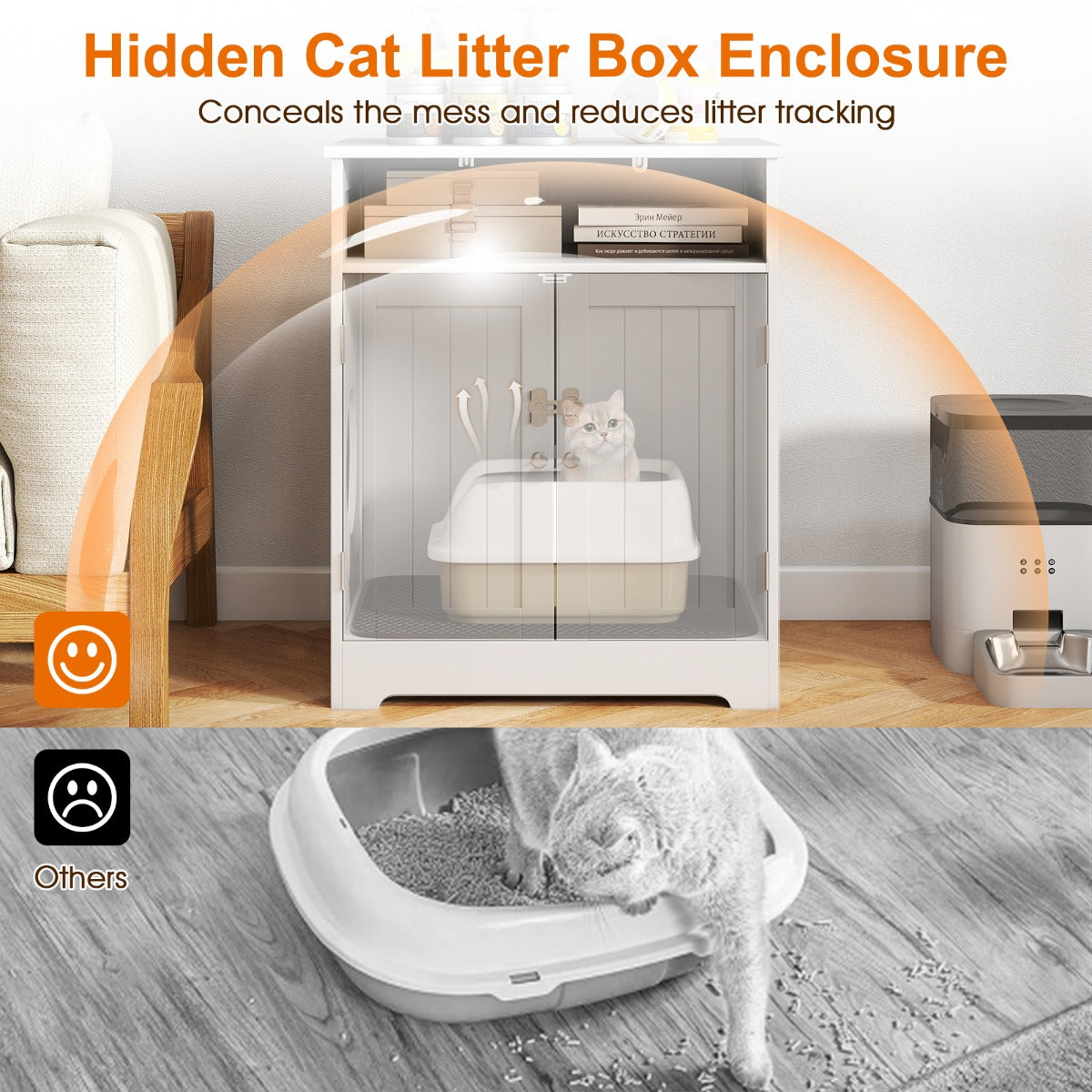 Livsk costway houten kattenkast verborgen kattenbak met gemakkelijk te reinigen strooimat opbergvak afsluitbare deur kattenhuis kattenbak kast voor woonkamer gang wit