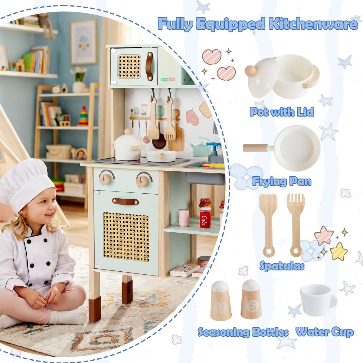 Livsk costway houten keuken voor kinderen speelkeuken van hout met licht en geluid kinderkeuken met accessoires oven afwasmachine en koffiezetapparaat