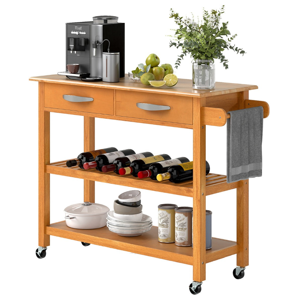 LIVSK Keukentrolley - Houten Werkblad 106 cm - 2 Lades - 2 Open Planken - Mobiel met 4 Wielen - Duurzaam Rubberhout - Natuur