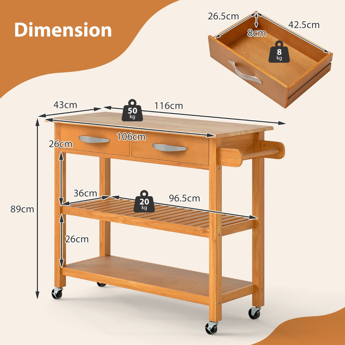 LIVSK Keukentrolley - Houten Werkblad 106 cm - 2 Lades - 2 Open Planken - Mobiel met 4 Wielen - Duurzaam Rubberhout - Natuur