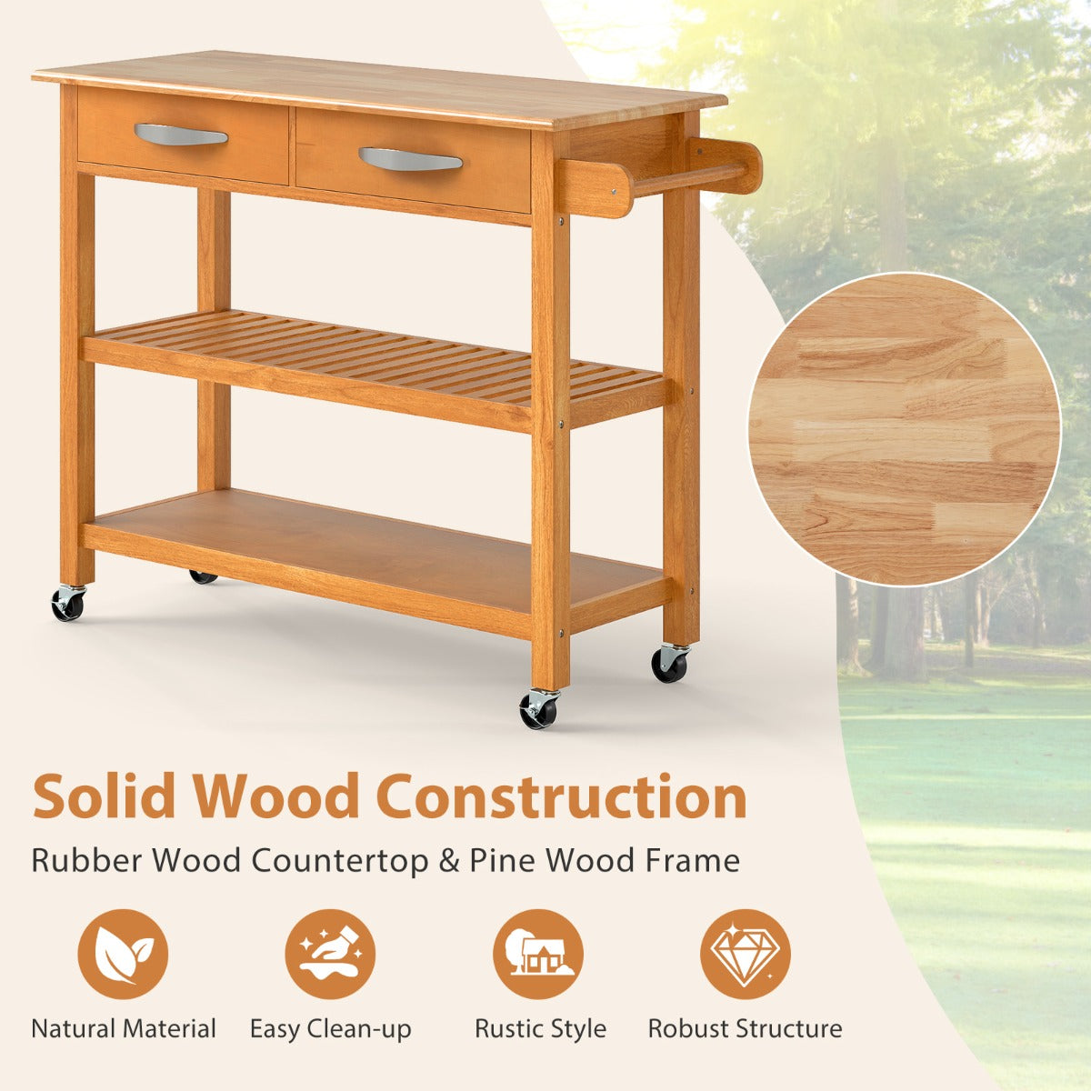 LIVSK Keukentrolley - Houten Werkblad 106 cm - 2 Lades - 2 Open Planken - Mobiel met 4 Wielen - Duurzaam Rubberhout - Natuur