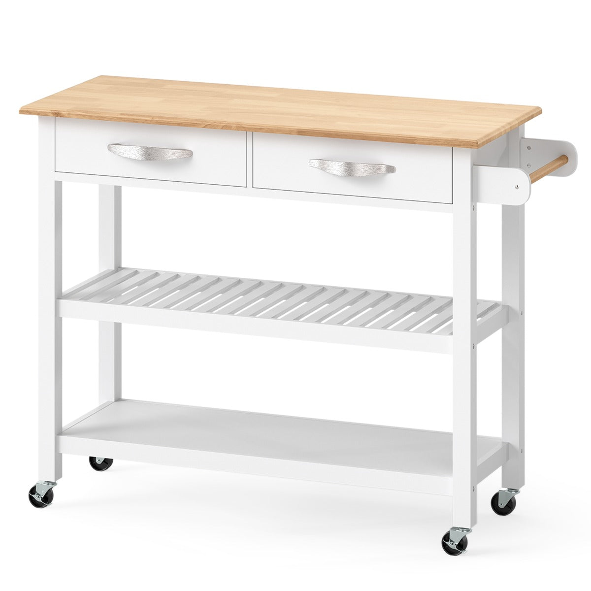 LIVSK Houten Keukentrolley - Ruim Werkblad 106 x 43 cm - 2 Lades - 2 Open Planken - Mobiel met Wielen - Wit