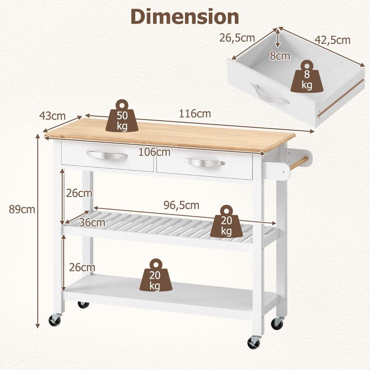 LIVSK Houten Keukentrolley - Ruim Werkblad 106 x 43 cm - 2 Lades - 2 Open Planken - Mobiel met Wielen - Wit