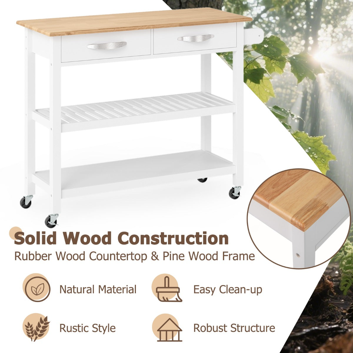 LIVSK Houten Keukentrolley - Ruim Werkblad 106 x 43 cm - 2 Lades - 2 Open Planken - Mobiel met Wielen - Wit