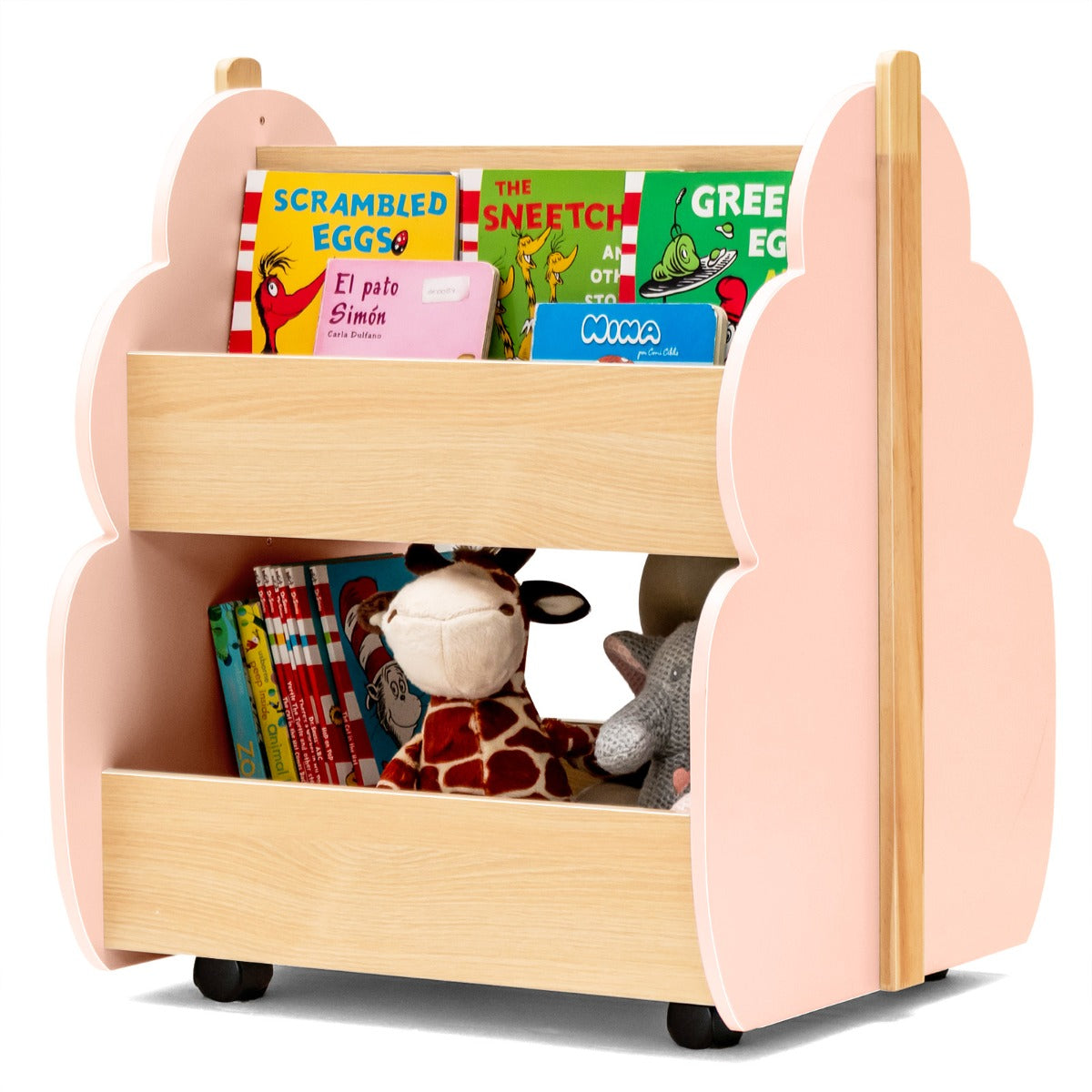 Livsk costway houten kinderboekenkast met universele wielen 2 niveaus speelgoedrek op wieltjes roze 1 1