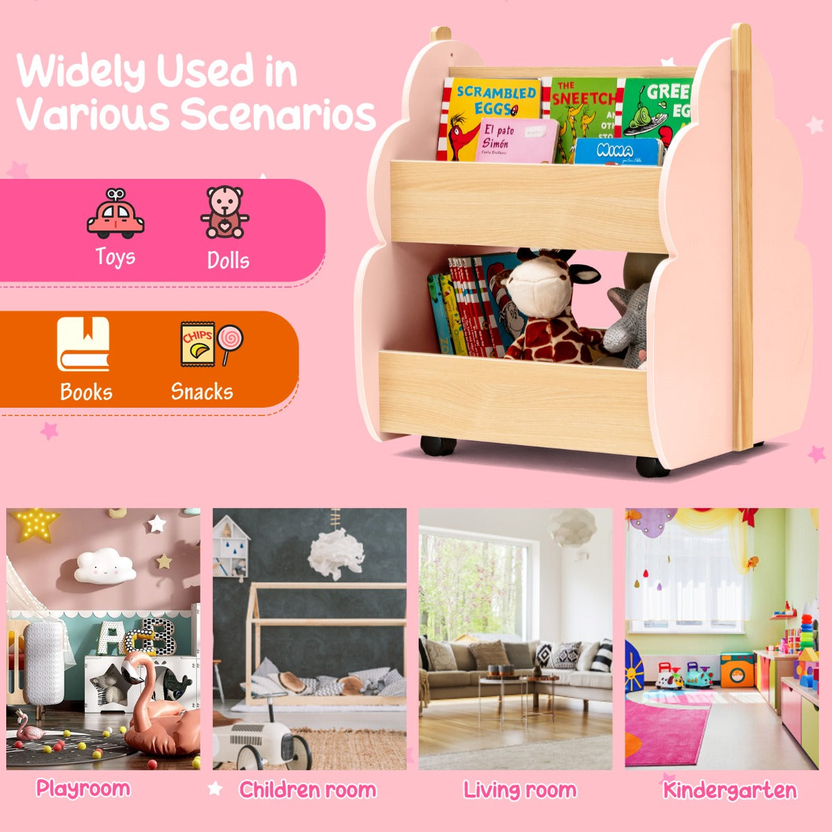 Livsk costway houten kinderboekenkast met universele wielen 2 niveaus speelgoedrek op wieltjes roze 4