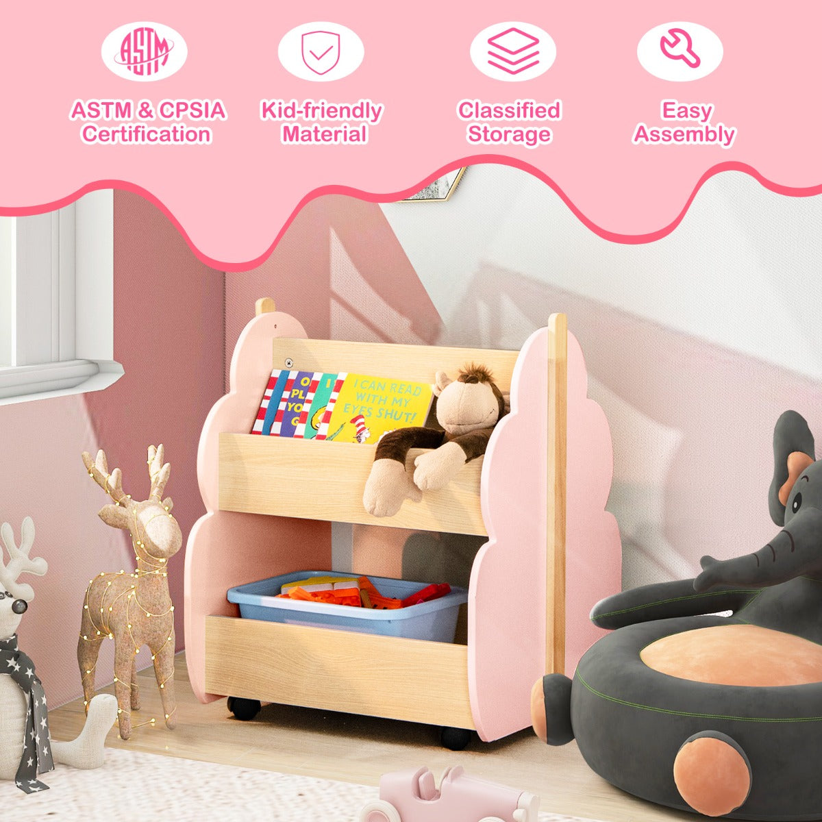 Livsk costway houten kinderboekenkast met universele wielen 2 niveaus speelgoedrek op wieltjes roze 6