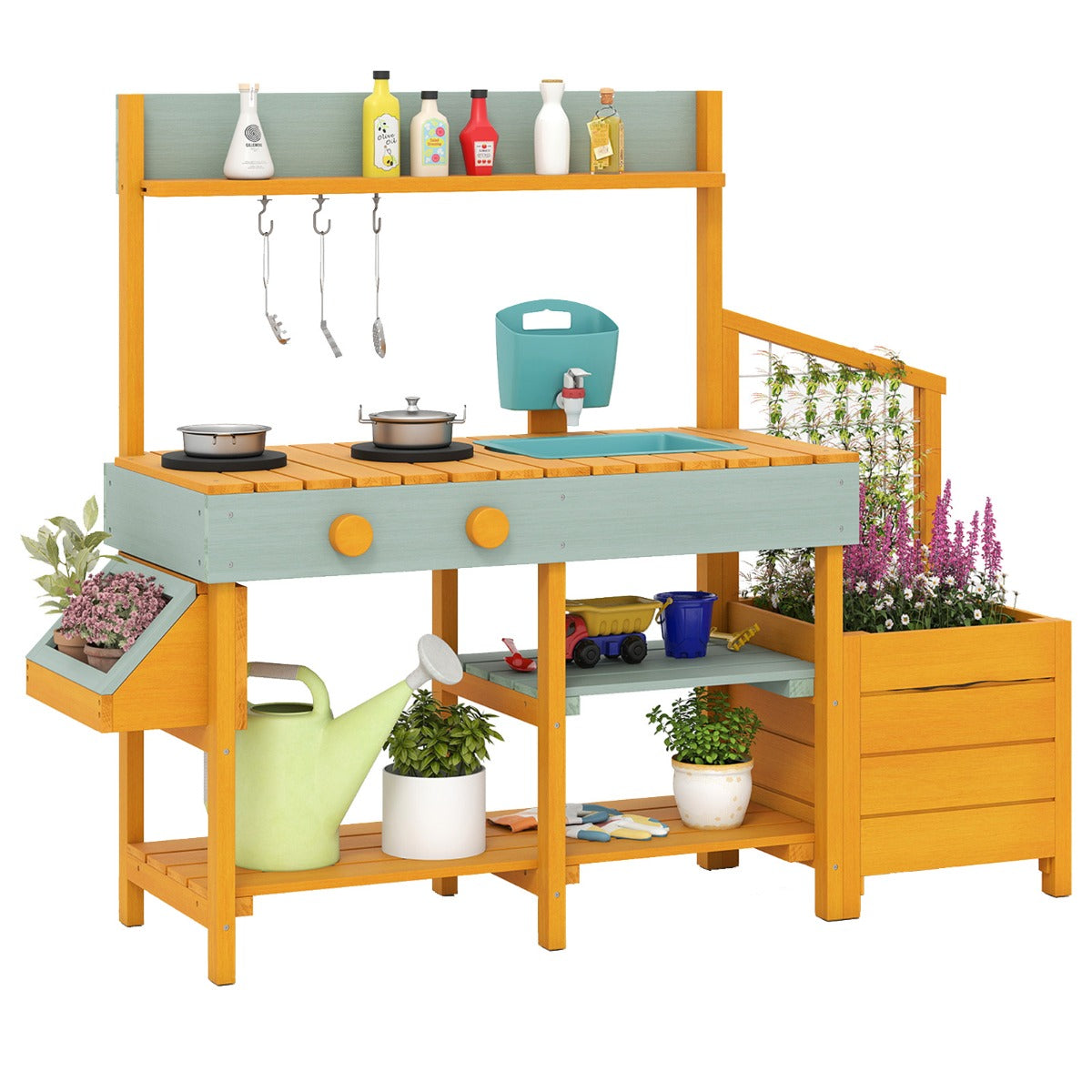 Livsk costway houten kinderkamer met plantenbak voorzien van een uittrekbare spoelbak kraan kookplaat en keukengerei geel 1 1