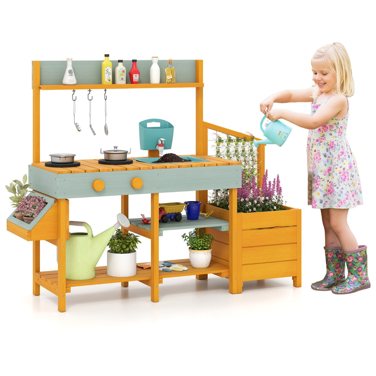 Livsk costway houten kinderkamer met plantenbak voorzien van een uittrekbare spoelbak kraan kookplaat en keukengerei geel