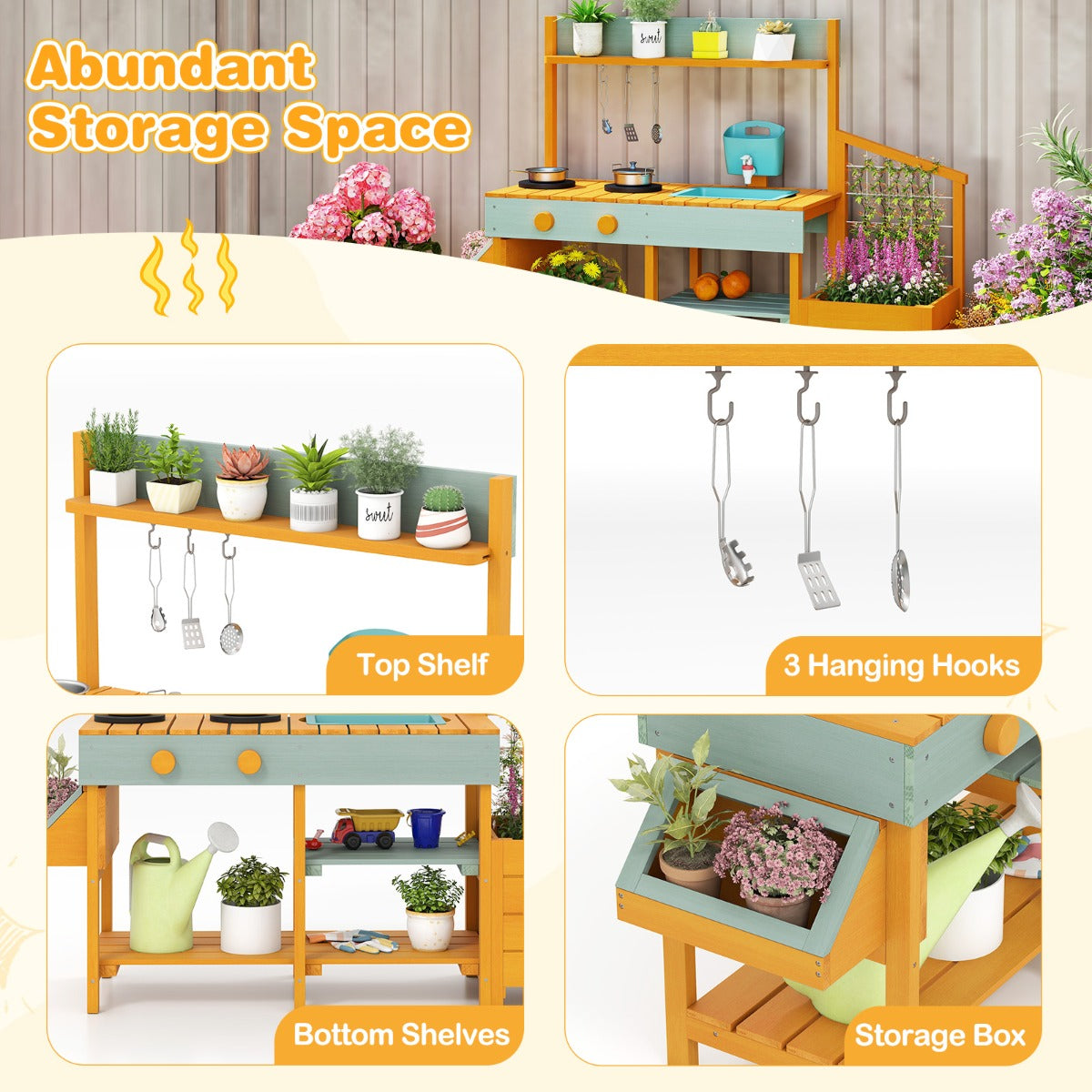 Livsk costway houten kinderkamer met plantenbak voorzien van een uittrekbare spoelbak kraan kookplaat en keukengerei geel 6