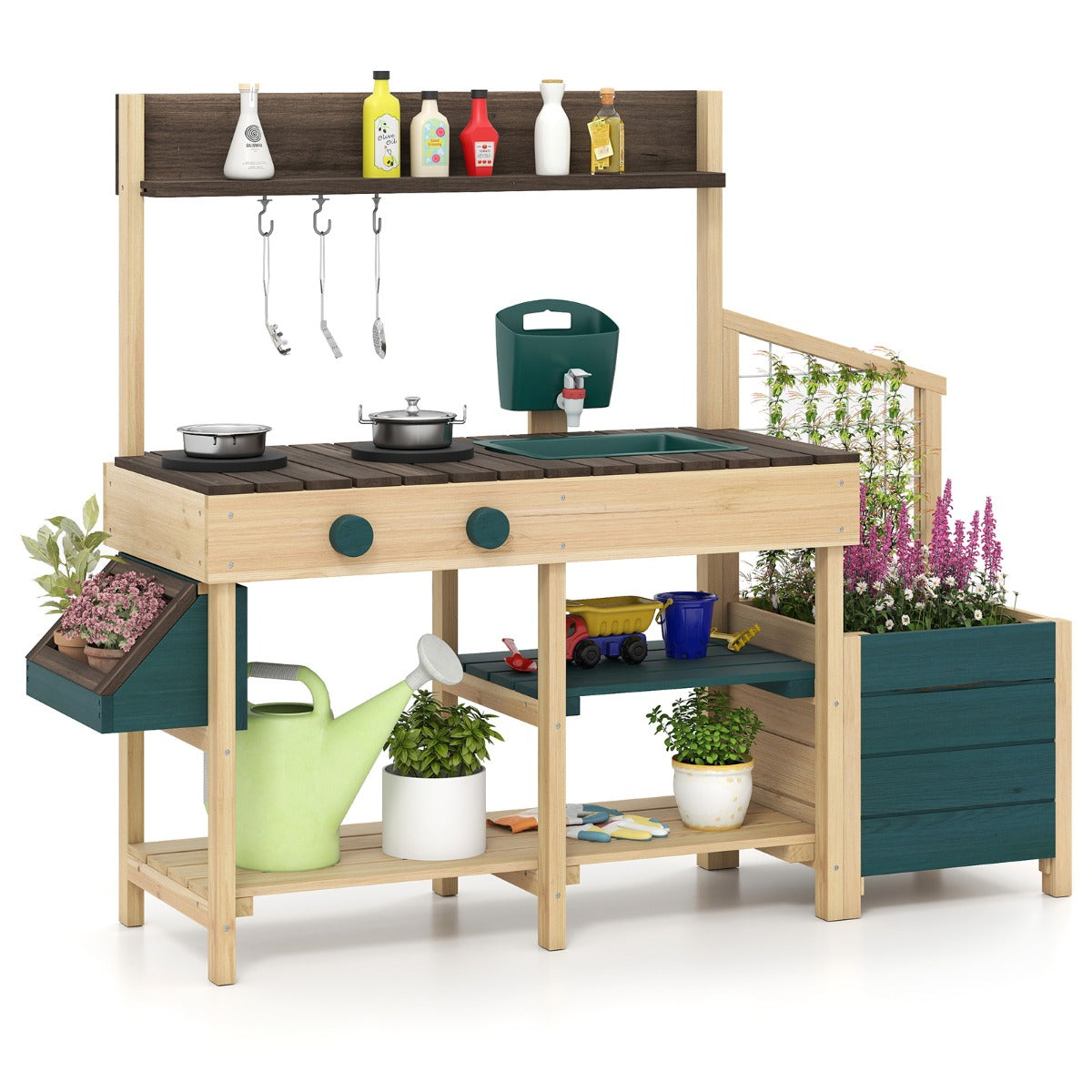 LIVSK Kinderspeelkeuken voor Buiten - 2 Kookplaten - Uittrekbare Spoelbak - Plantenbak - Opbergruimte - 115 x 34,5 x 92 cm -