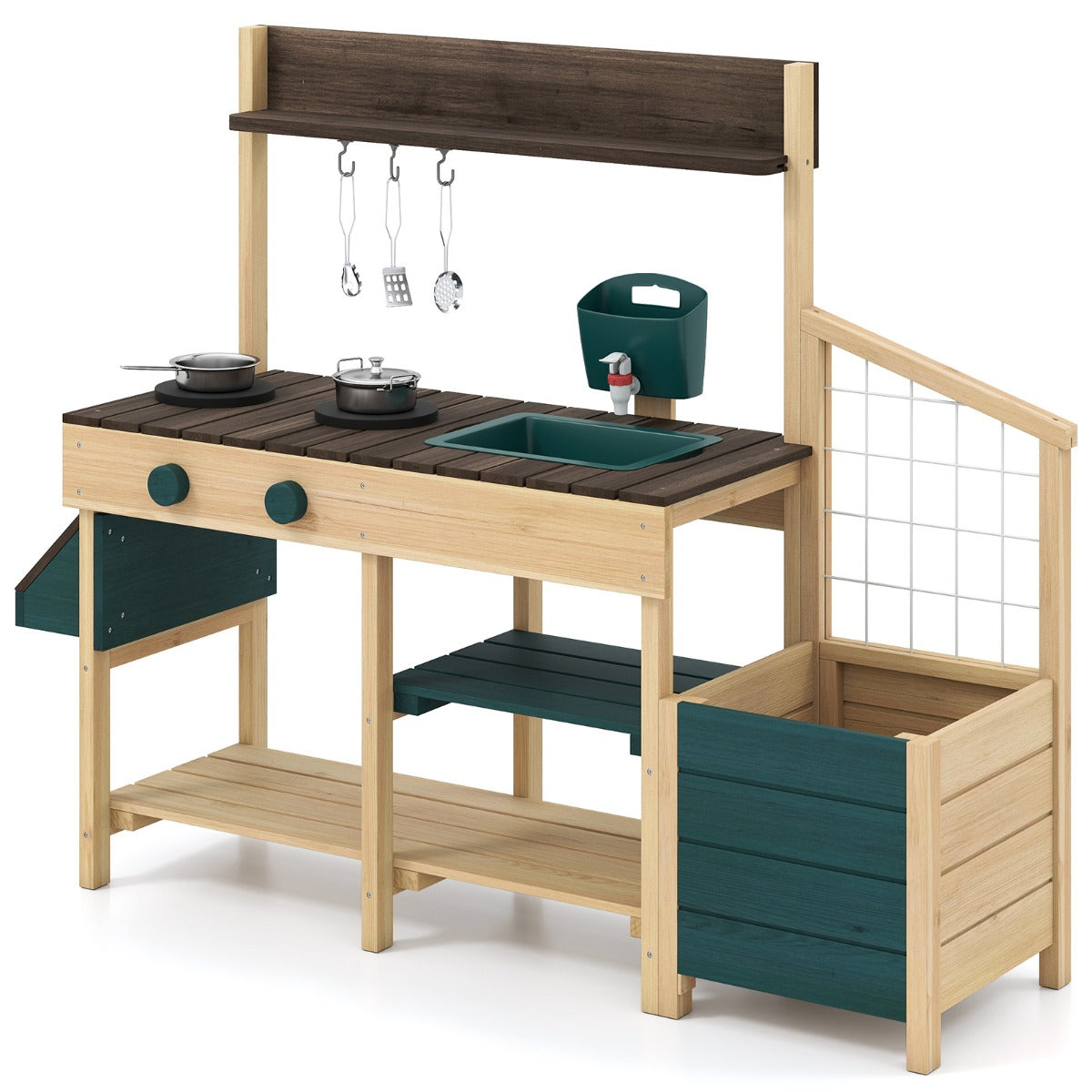 LIVSK Kinderspeelkeuken voor Buiten - 2 Kookplaten - Uittrekbare Spoelbak - Plantenbak - Opbergruimte - 115 x 34,5 x 92 cm -