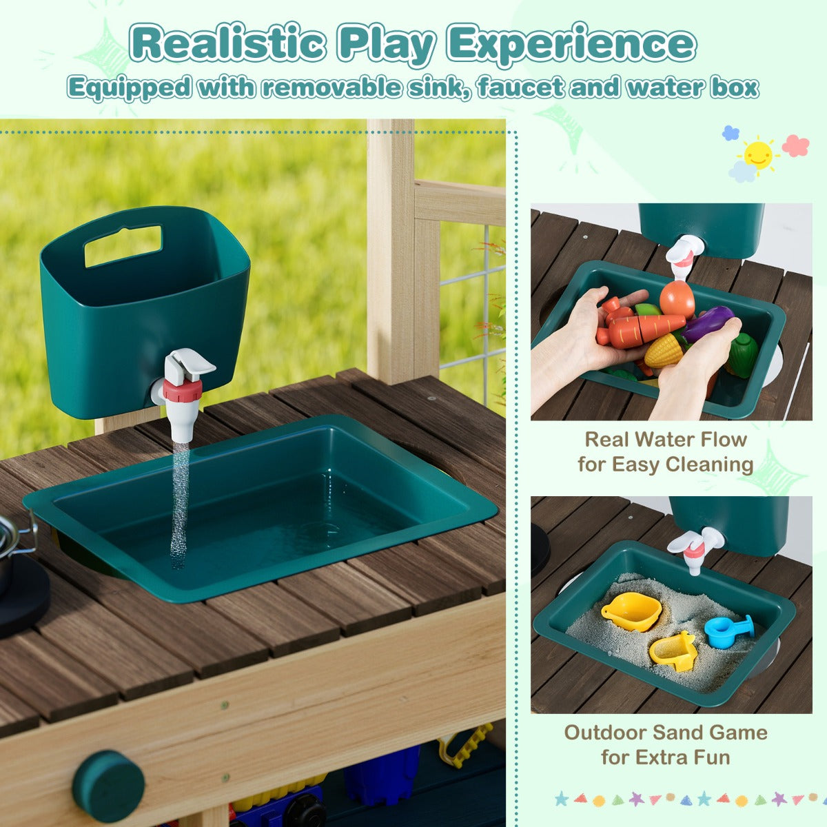 LIVSK Kinderspeelkeuken voor Buiten - 2 Kookplaten - Uittrekbare Spoelbak - Plantenbak - Opbergruimte - 115 x 34,5 x 92 cm -