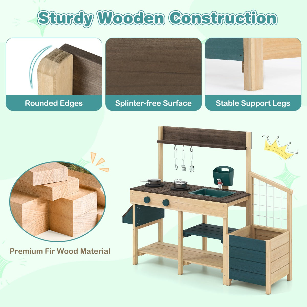 LIVSK Kinderspeelkeuken voor Buiten - 2 Kookplaten - Uittrekbare Spoelbak - Plantenbak - Opbergruimte - 115 x 34,5 x 92 cm -