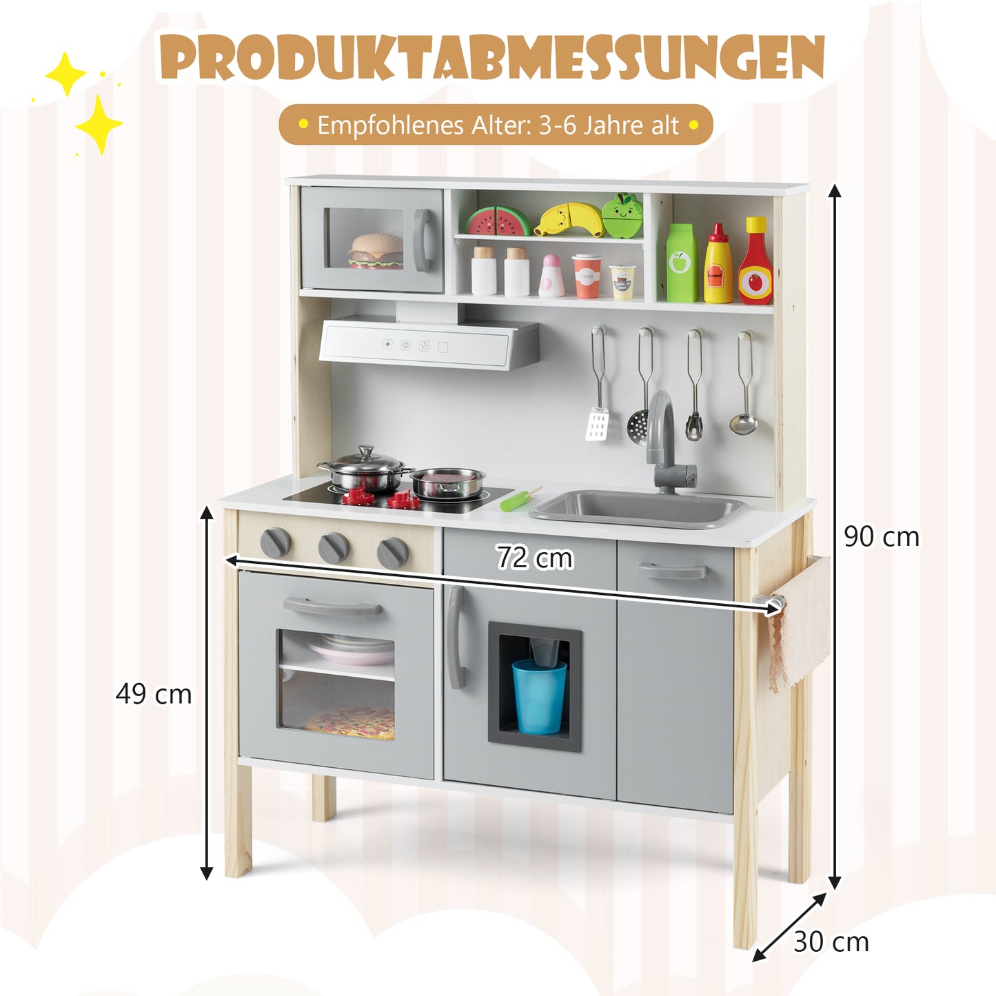 LIVSK Houten Speelkeuken - 18 Accessoires - Magnetron, Gootsteen, Afzuigkap - Educatief voor 3-6 jaar - Grijs