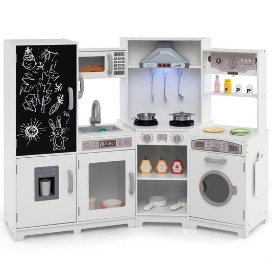 LIVSK Houten Hoek Speelkeuken Set - Ruimtebesparend - Interactieve Lichten en Geluiden - Inclusief Accessoires - Wit