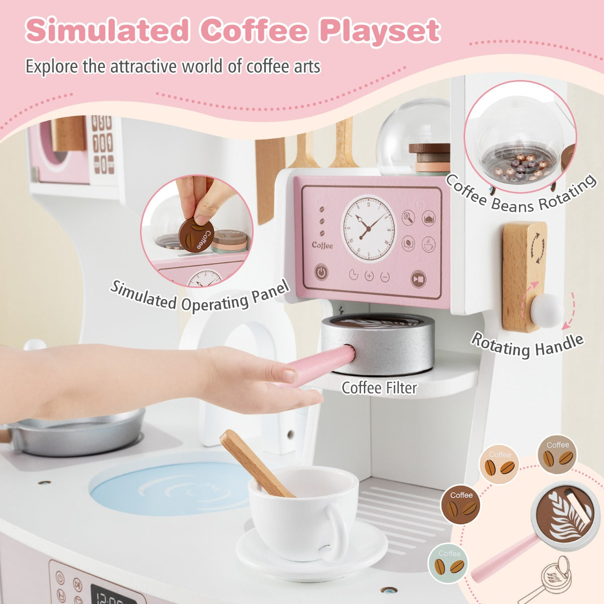 LIVSK Speelgoedkeukenset voor Kinderen - Koffiezetapparaat, Magnetron, Oven, Fornuis - Creatief Spel - Veilig - 70 x 30 x 88 cm -