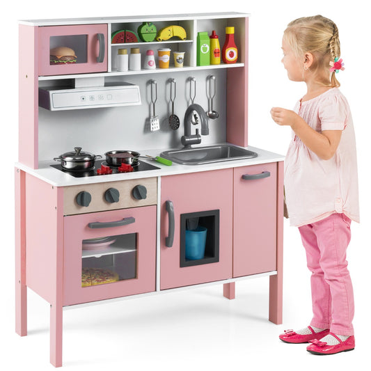 Livsk costway houten kinderkeuken speelkeuken met magnetron afzuigkap kookplaat speelgootsteen oven ijsblokjesmachine en 18 accessoires rozewit