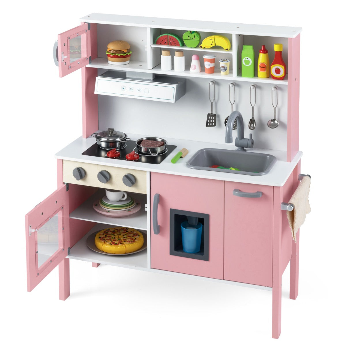 Livsk costway houten kinderkeuken speelkeuken met magnetron afzuigkap kookplaat speelgootsteen oven ijsblokjesmachine en 18 accessoires rozewit 2