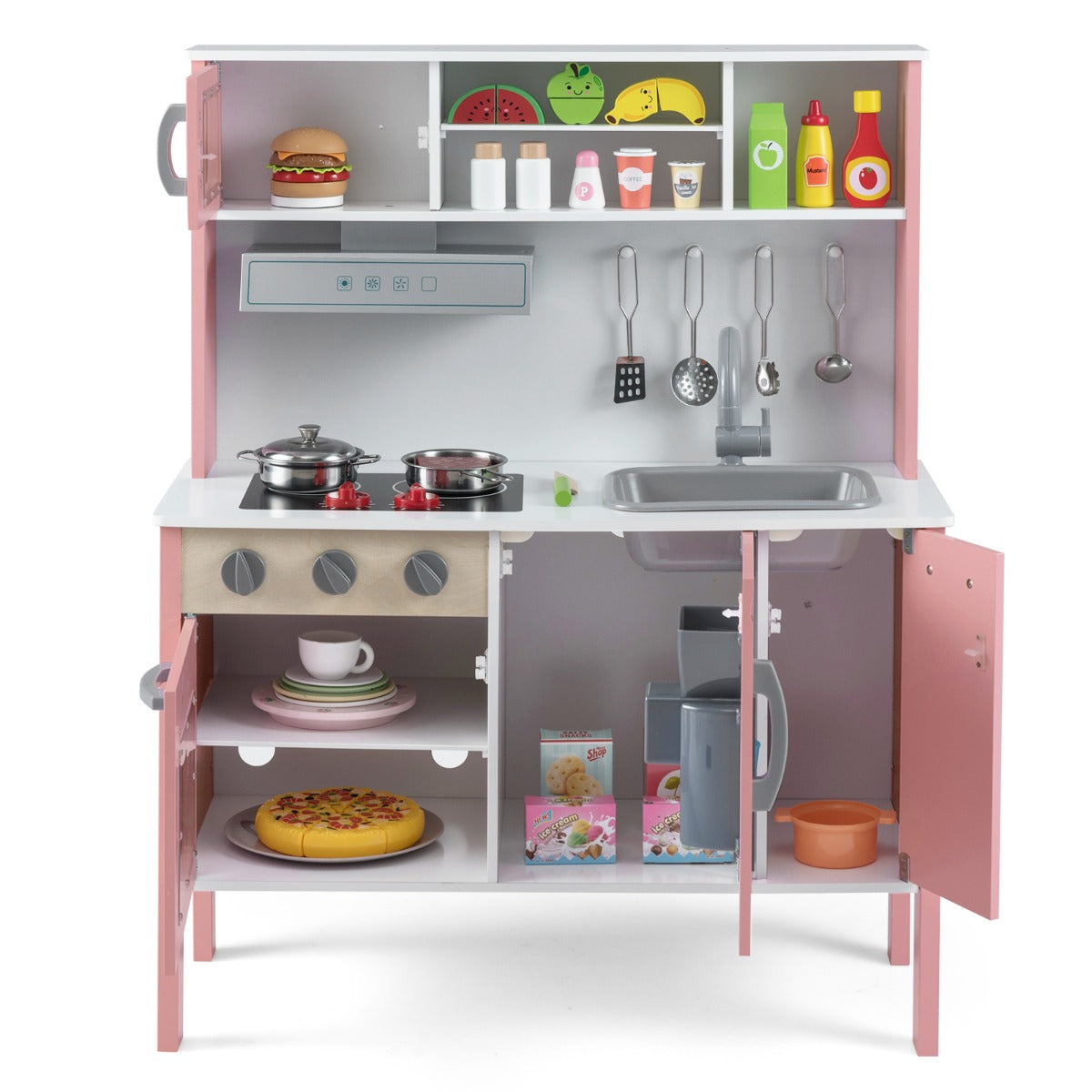 Livsk costway houten kinderkeuken speelkeuken met magnetron afzuigkap kookplaat speelgootsteen oven ijsblokjesmachine en 18 accessoires rozewit 3