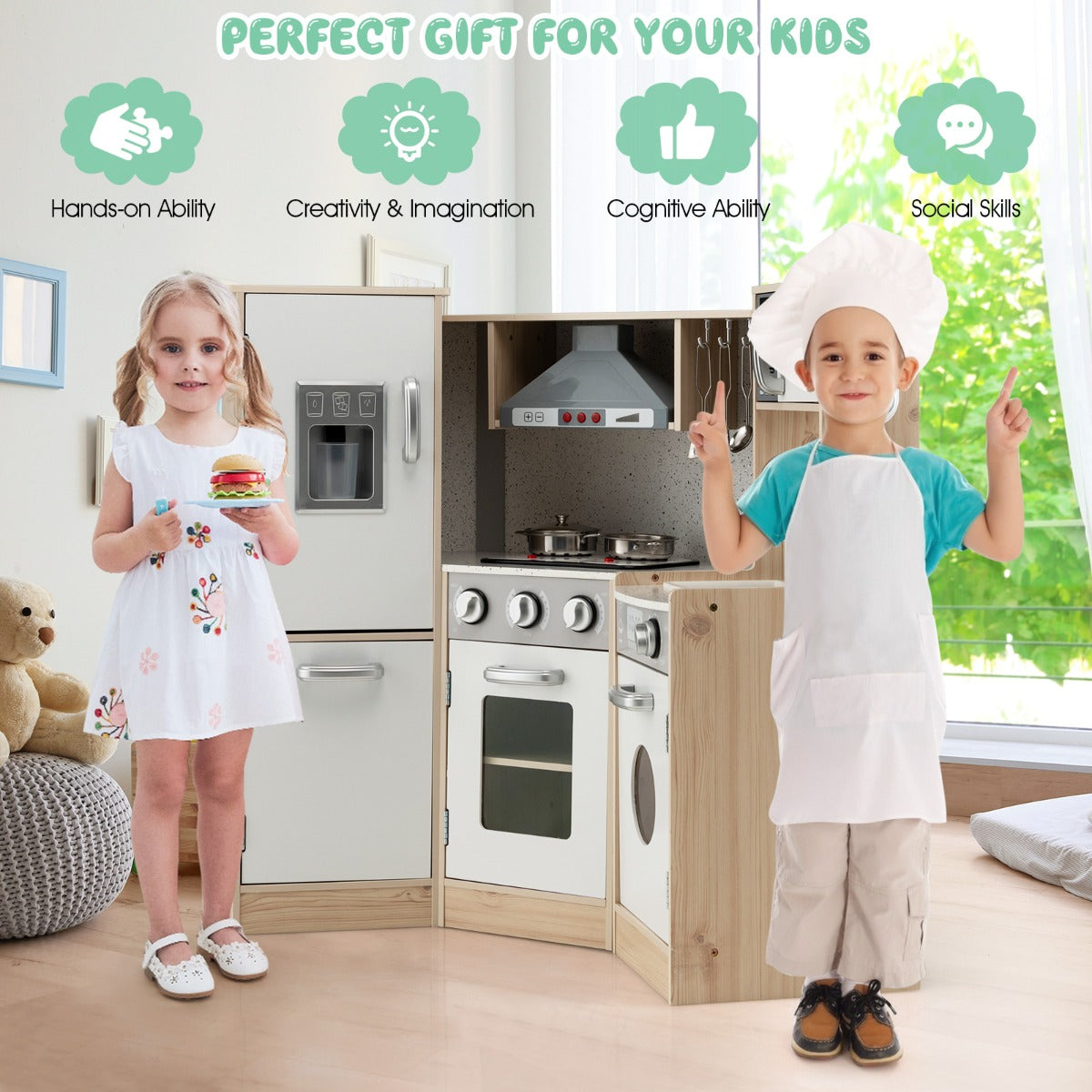 LIVSK Houten Kinderhoekkeukenset - 9-in-1 met Geluid & Licht - Inclusief Keukengerei - Veilig MDF - 105 x 49 x 85 cm - Wit +