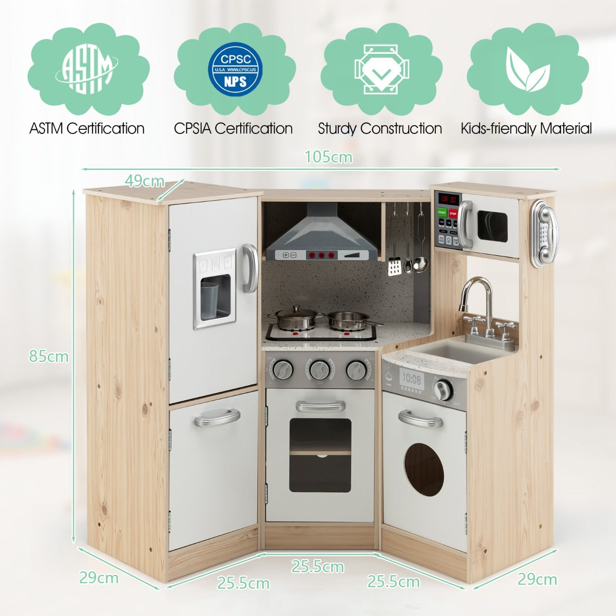 LIVSK Houten Kinderhoekkeukenset - 9-in-1 met Geluid & Licht - Inclusief Keukengerei - Veilig MDF - 105 x 49 x 85 cm - Wit +