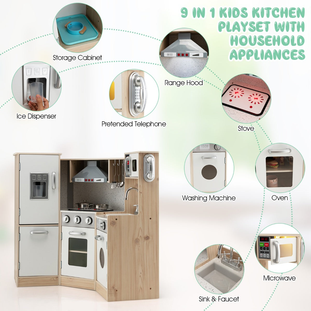 LIVSK Houten Kinderhoekkeukenset - 9-in-1 met Geluid & Licht - Inclusief Keukengerei - Veilig MDF - 105 x 49 x 85 cm - Wit +