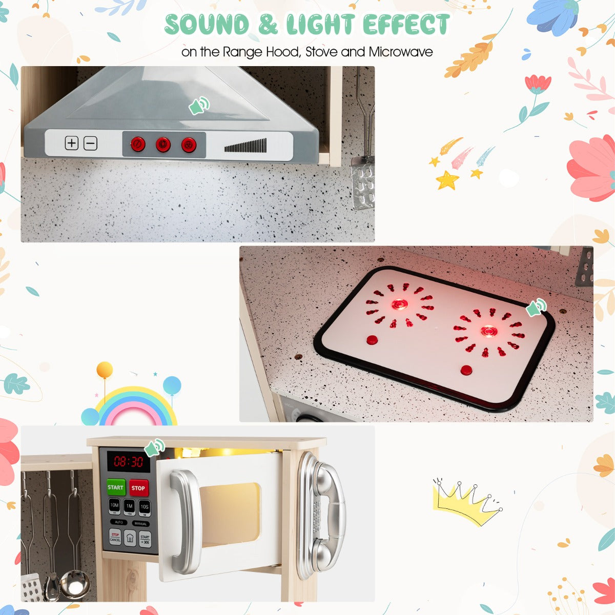 LIVSK Houten Kinderhoekkeukenset - 9-in-1 met Geluid & Licht - Inclusief Keukengerei - Veilig MDF - 105 x 49 x 85 cm - Wit +