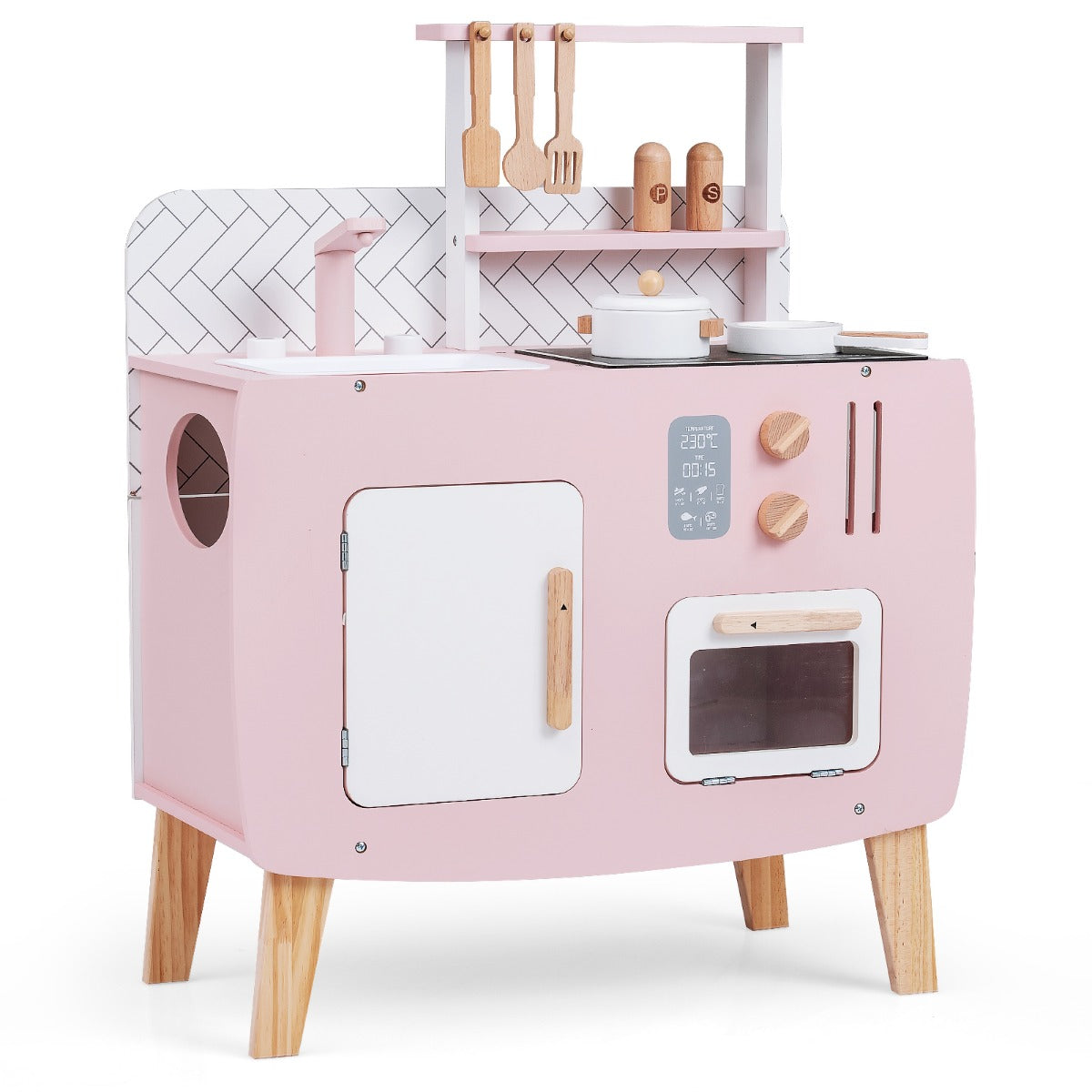 Livsk costway houten kinderkookset keukenspeelset met fornuis spoelbak kraan en oven chef koksetset voor rollenspel met kookgerei opbergkast en planken 1 1