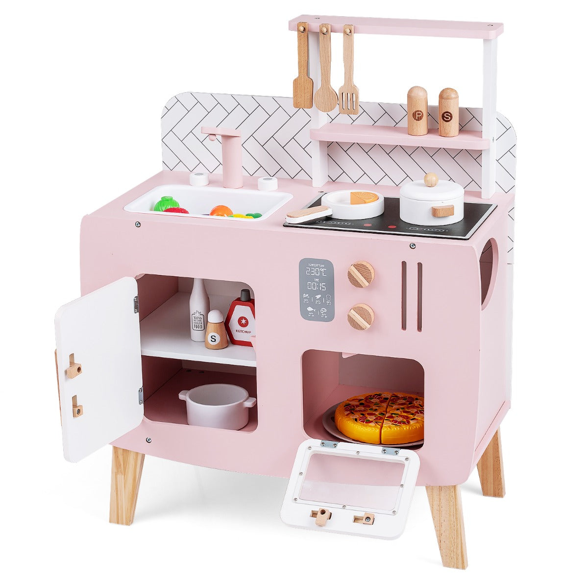 Livsk costway houten kinderkookset keukenspeelset met fornuis spoelbak kraan en oven chef koksetset voor rollenspel met kookgerei opbergkast en planken