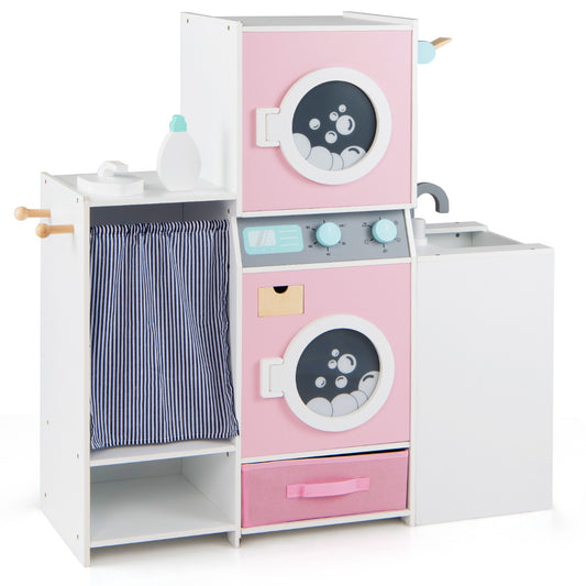 Livsk costway houten kinderspeelgoed wasset speelgoedwasmachine met wasmiddelfles strijkijzer kleerhangers en stoffen lade