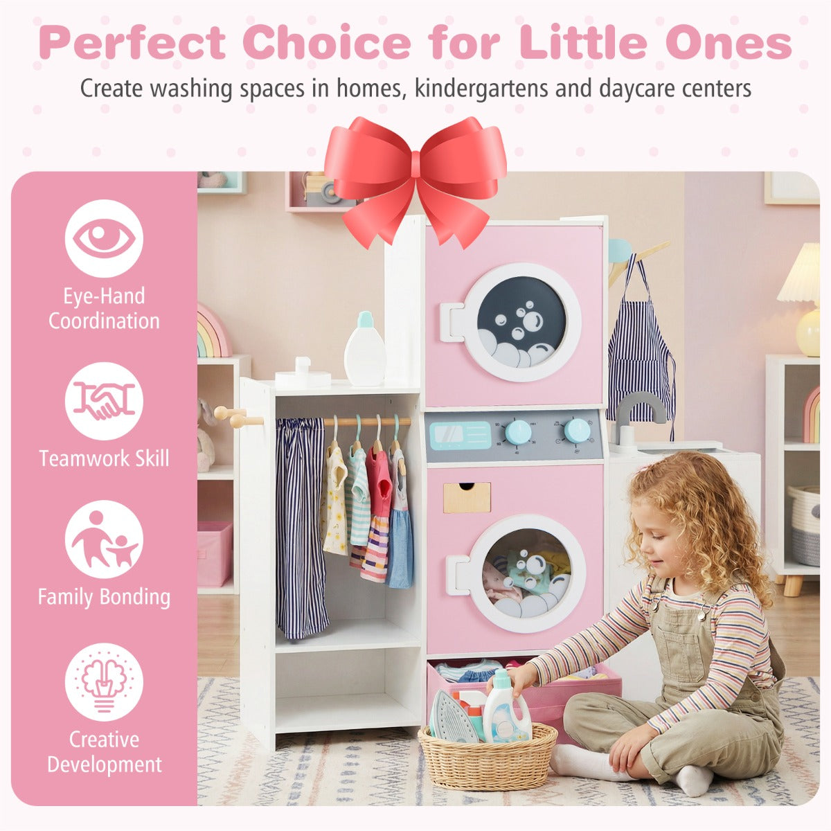 Livsk costway houten kinderspeelgoed wasset speelgoedwasmachine met wasmiddelfles strijkijzer kleerhangers en stoffen lade