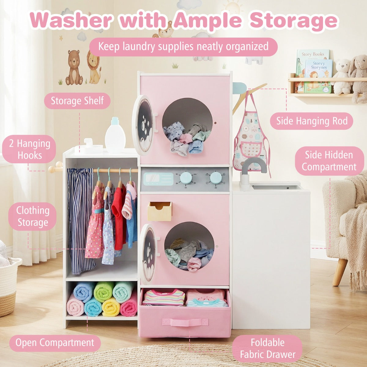 Livsk costway houten kinderspeelgoed wasset speelgoedwasmachine met wasmiddelfles strijkijzer kleerhangers en stoffen lade