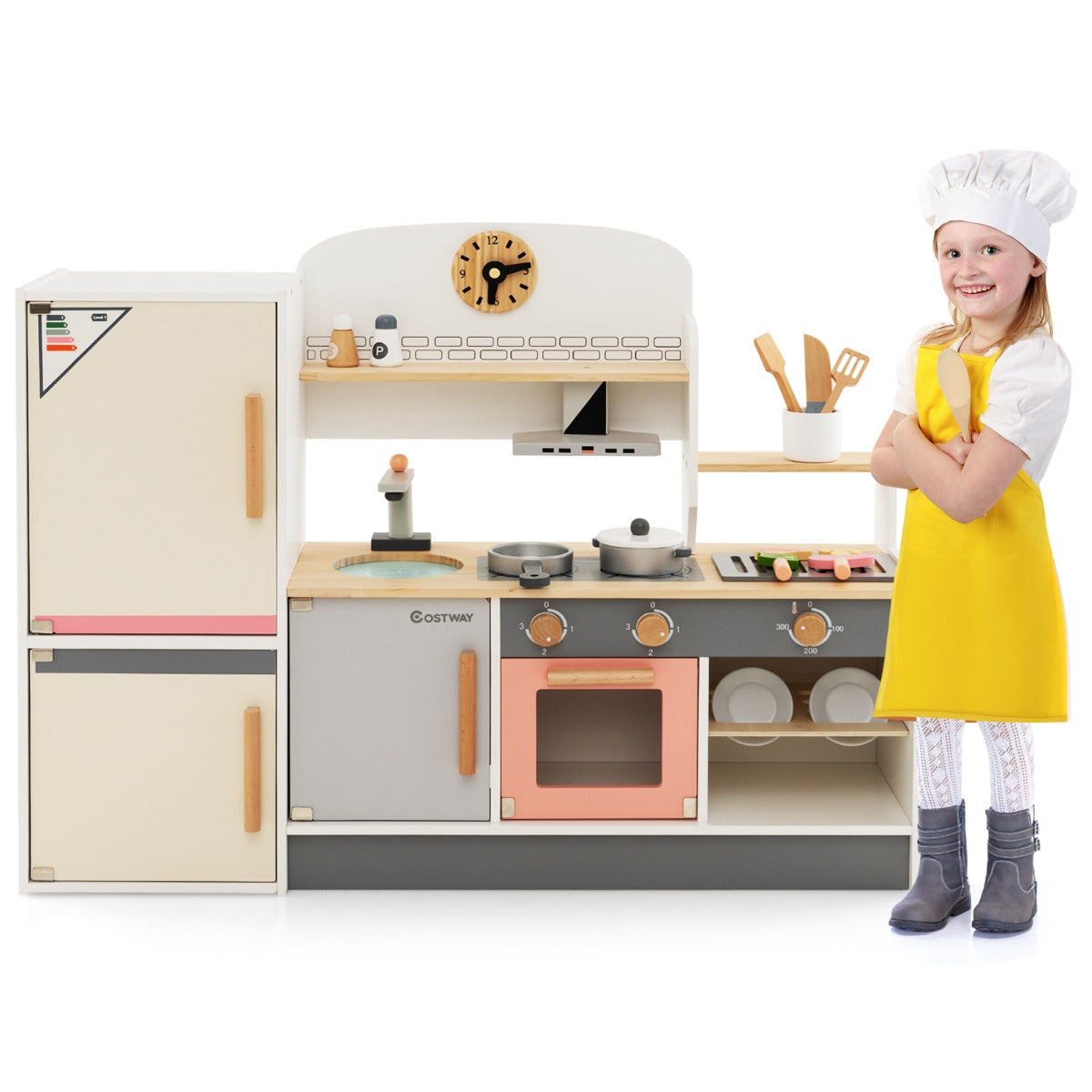 Livsk costway houten kinderspeelkeuken koelkast afzuigkap fornuis barbecue kraan en gootsteen keukengerei speelgoedkeukenset voor kinderen 3 1 1