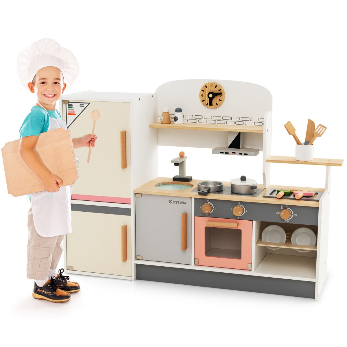 Livsk costway houten kinderspeelkeuken koelkast afzuigkap fornuis barbecue kraan en gootsteen keukengerei speelgoedkeukenset voor kinderen 3