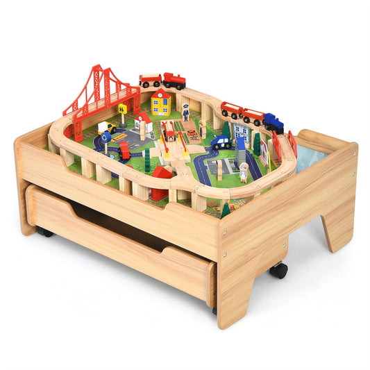 LIVSK Houten Treinset Tafel - 100 Kleurrijke Accessoires - Handige Opberglade - Duurzaam en Veilig - 78 x 63 x 33 cm - Natuurlijk