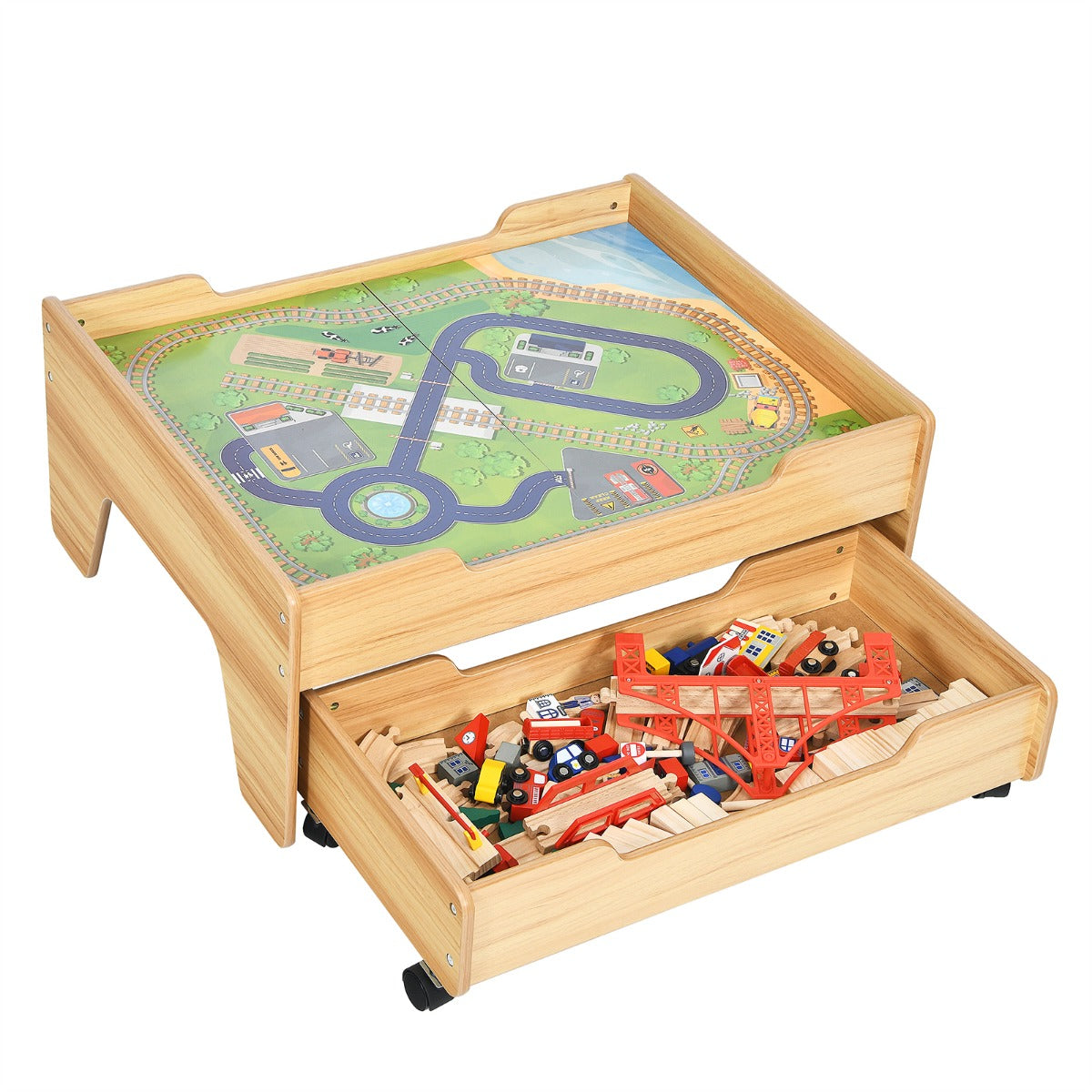 LIVSK Houten Treinset Tafel - 100 Kleurrijke Accessoires - Handige Opberglade - Duurzaam en Veilig - 78 x 63 x 33 cm - Natuurlijk
