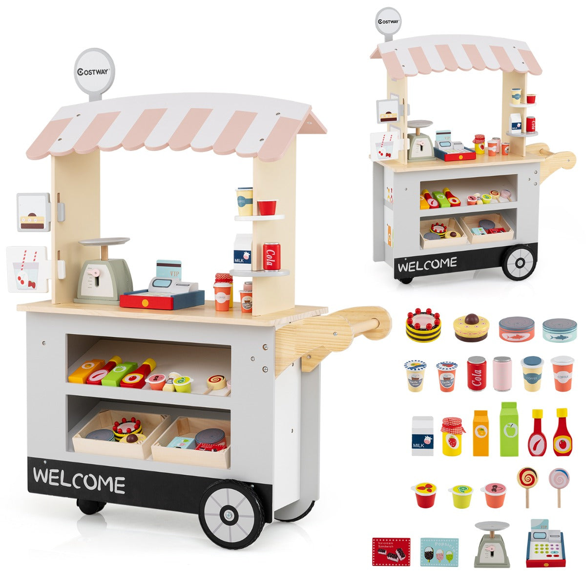 Livsk costway houten kinderwagen op 3 wielen met kassa foodtruck voor kinderen vanaf 3 jaar groen grijs 1 1