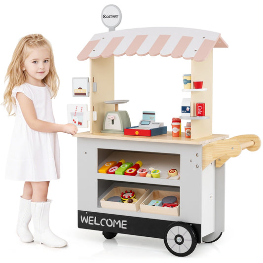 Livsk costway houten kinderwagen op 3 wielen met kassa foodtruck voor kinderen vanaf 3 jaar groen grijs