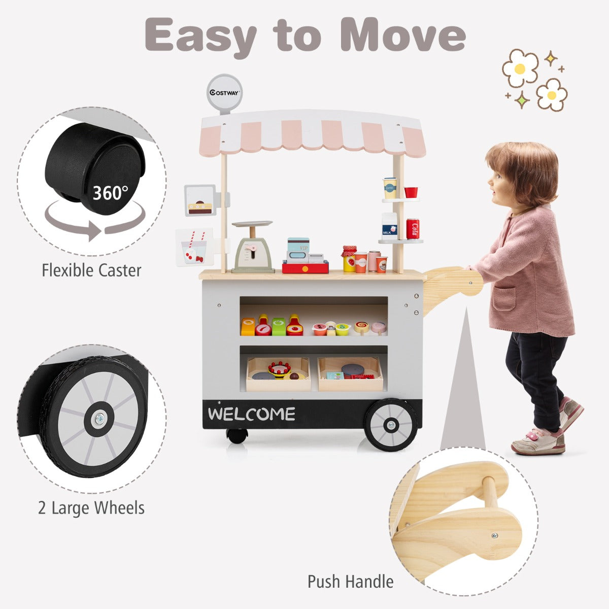 Livsk costway houten kinderwagen op 3 wielen met kassa foodtruck voor kinderen vanaf 3 jaar groen grijs 5