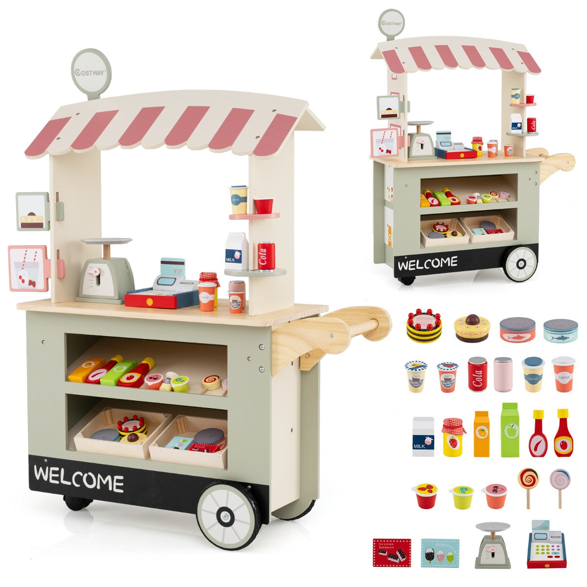 Livsk costway houten kinderwagen op 3 wielen met kassa foodtruck voor kinderen vanaf 3 jaar groen groen 1 1