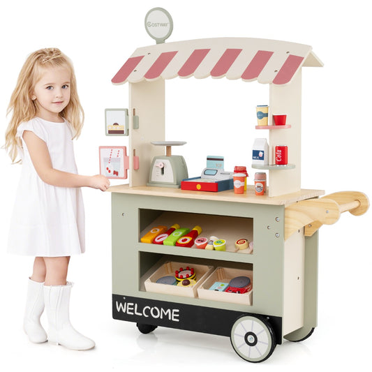 Livsk costway houten kinderwagen op 3 wielen met kassa foodtruck voor kinderen vanaf 3 jaar groen groen